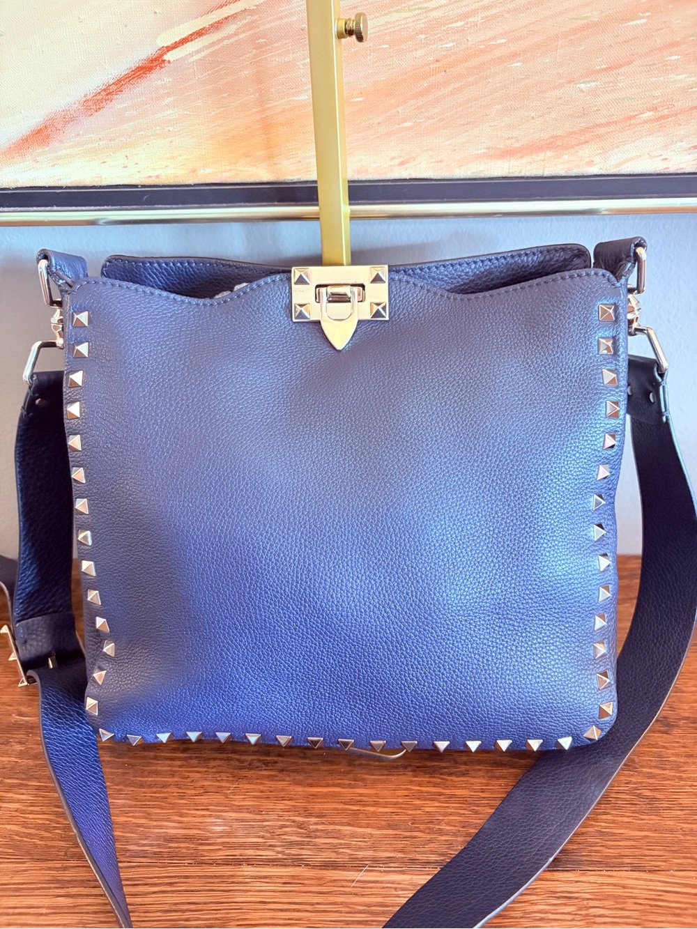 Valentino Garavani Rockstud Navy Pebbled Calfskin Flip-Lock Messenger / Hobo
